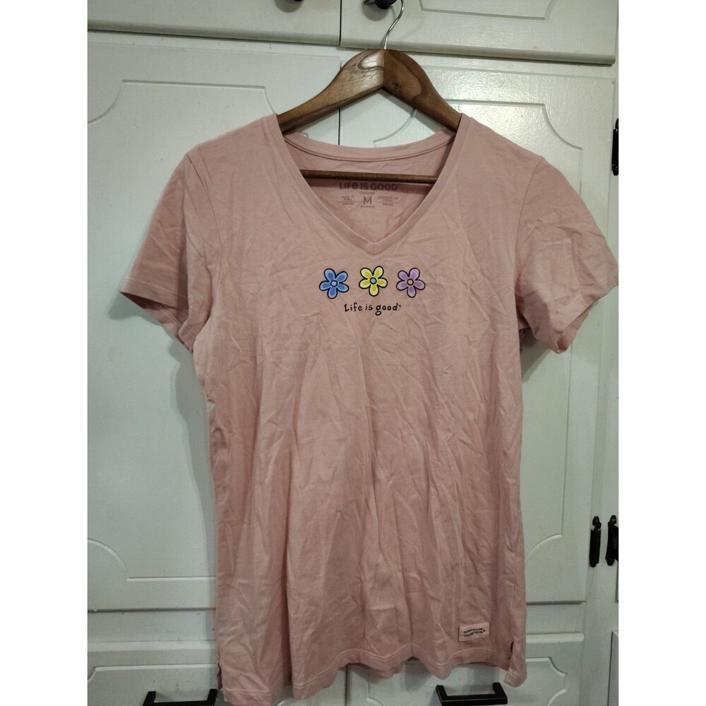 Womens Life is Good 3 Daisies Pink Short Sleeve Crusher Vee Size Medium